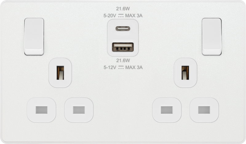 BG Electrical Evolve Pearlescent White - Double switched single pole, with USB A + C (22W)