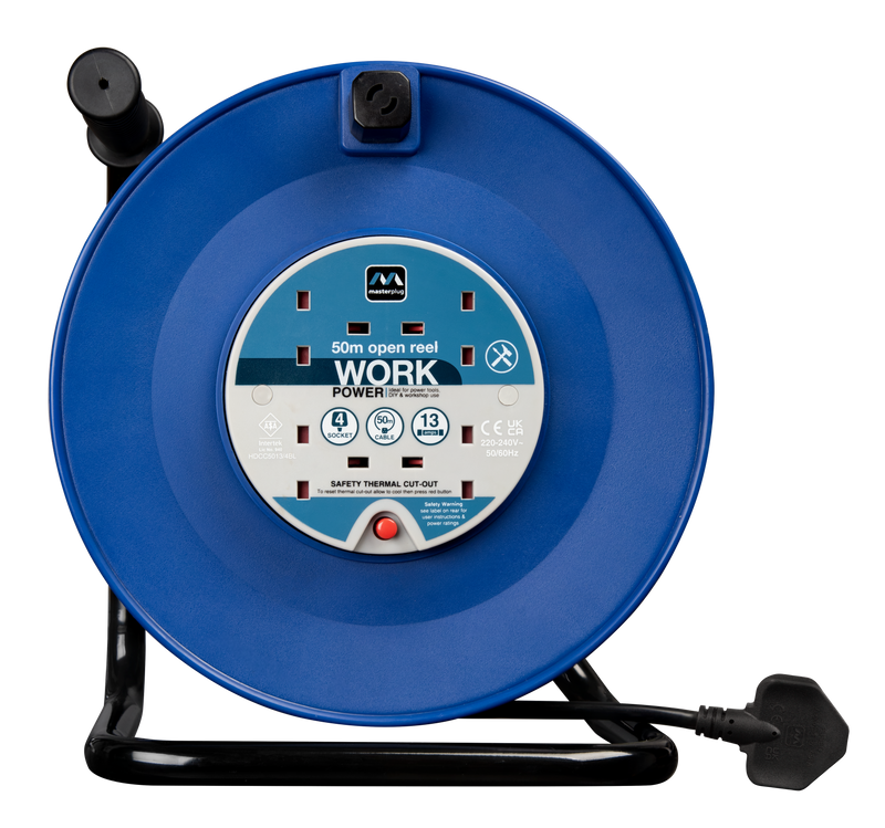 Masterplug Work - 50m, 4 Sockets, 13A, Blue