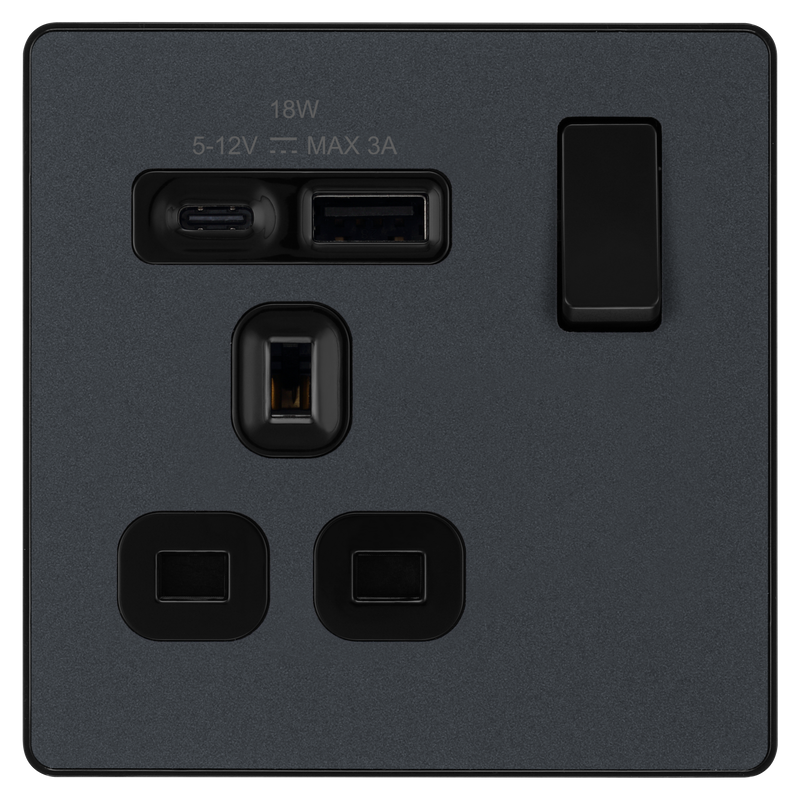 BG Electrical Evolve Matt Grey - Single, switched, single pole, with 1 x USB A + 1 x USB C