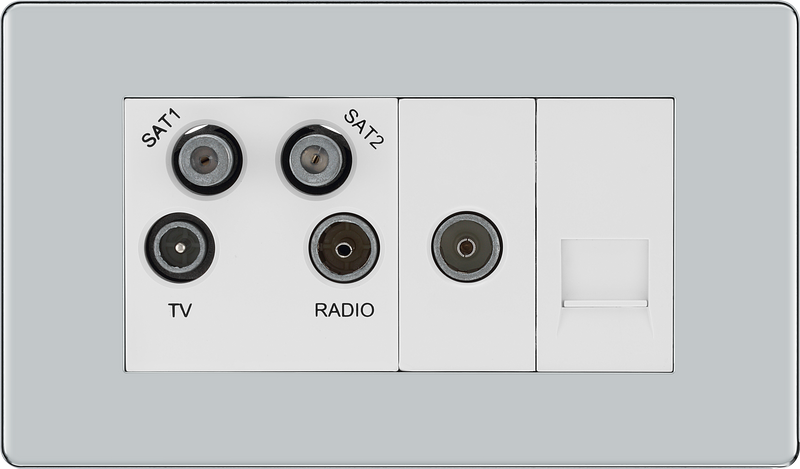BG Electrical Flatplate Screwless Polished Chrome - Quadplex, 2 x sat, BT outlet and co-ax returned - screened