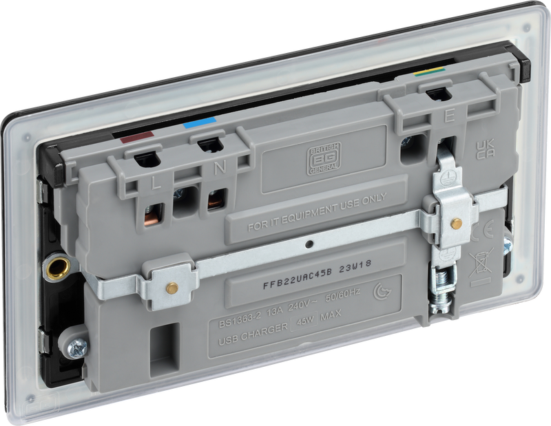 BG Electrical Flatplate Screwless Matt Black - Double switched single pole, with USB A + C (45W)