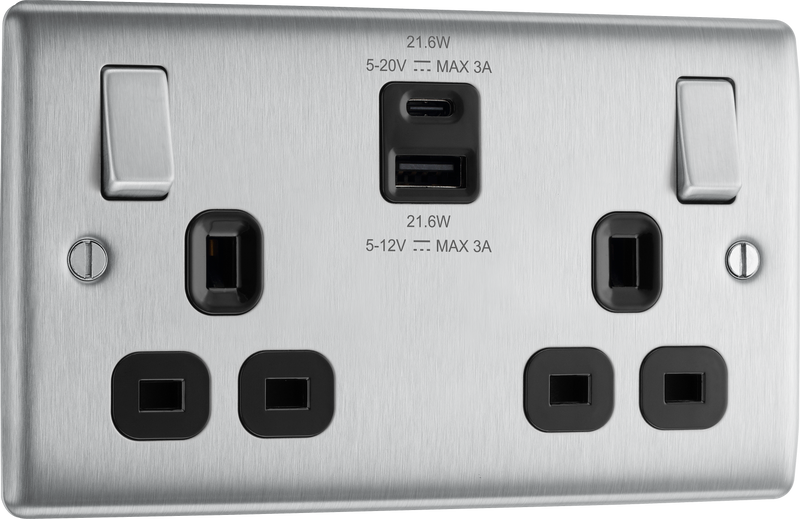 BG Electrical Nexus Metal Brushed Steel - Double switched single pole, with USB A + C (22W)