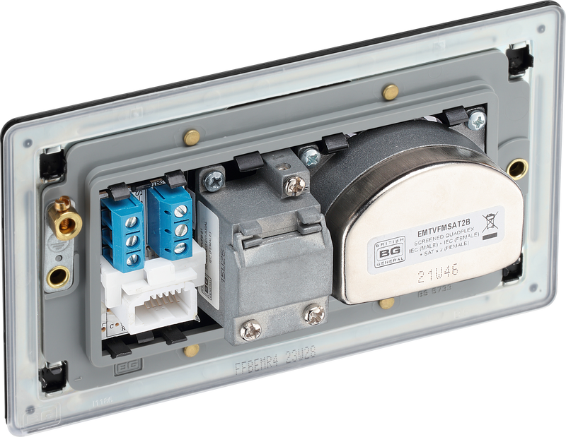 BG Electrical Flatplate Screwless Matt Black - Quadplex 2 x sat, BT outlet and co-ax returned - screened