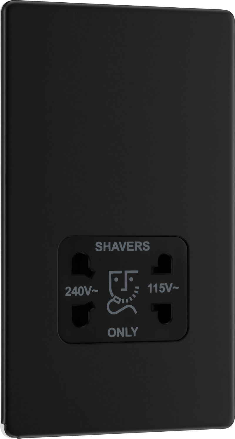 BG Electrical Flatplate Screwless Matt Black - 115/240V dual voltage shaver socket