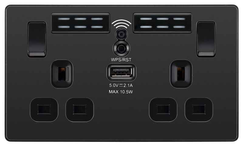 BG Electrical Evolve Black Chrome - Double, switched, single pole, WiFi Extender + USB A