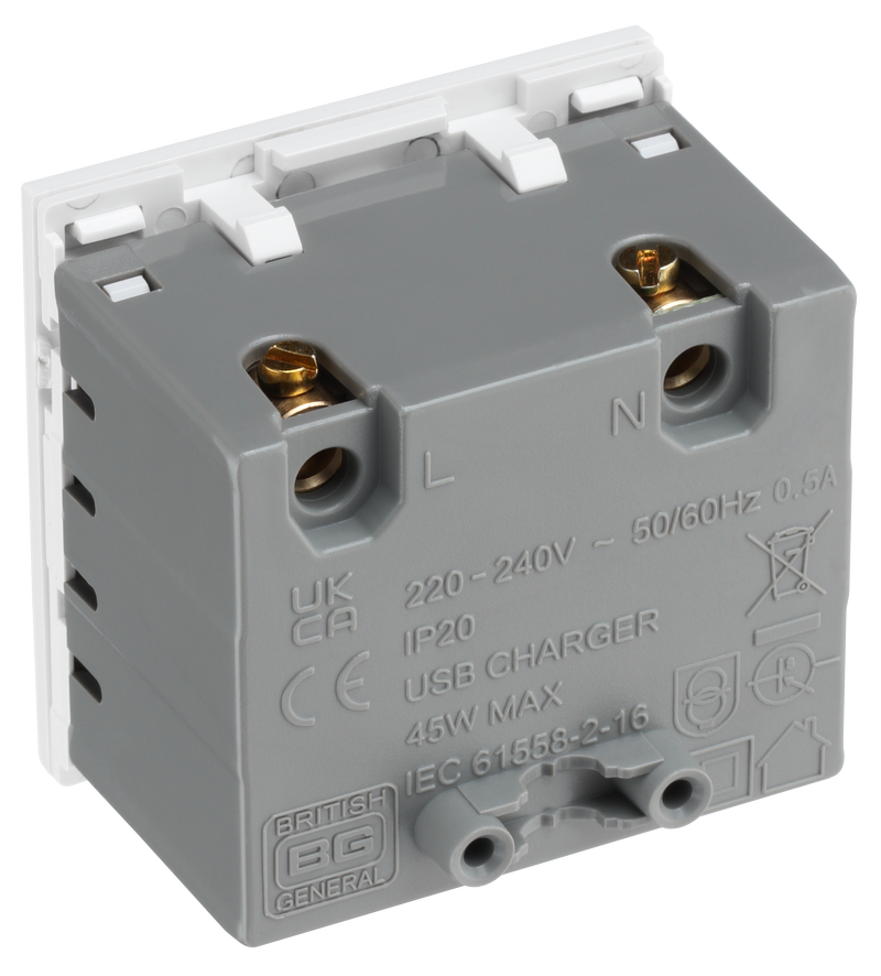 BG Electrical Euro Module - 45W USB A+C Euro Module - White