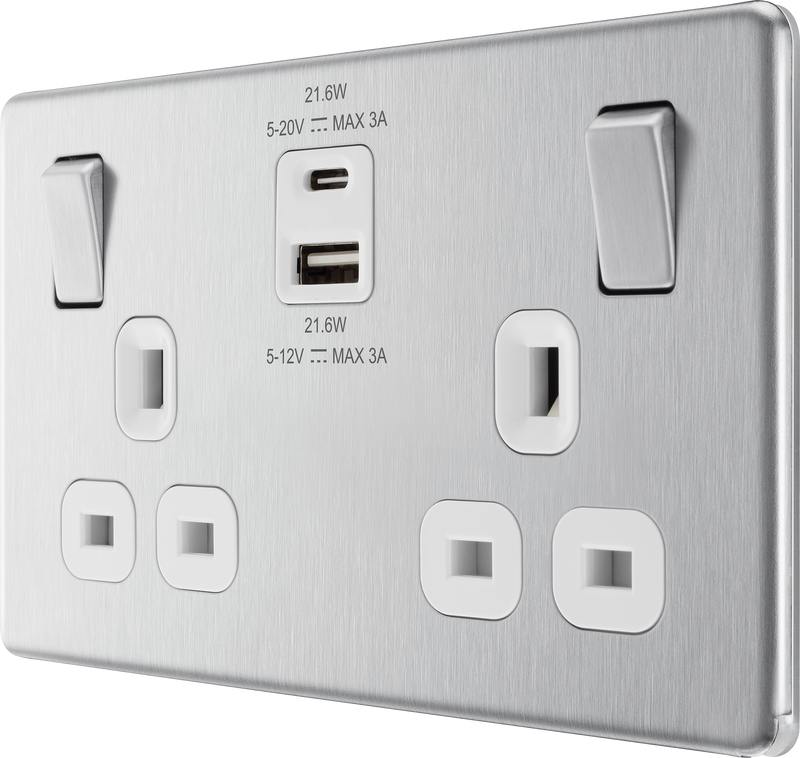 BG Electrical Flatplate Screwless Brushed Steel - Double switched single pole, with USB A + C (22W)