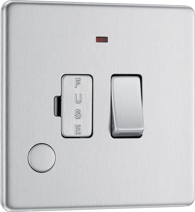 BG Electrical Flatplate Screwless Brushed Steel - Switched and fused with indicator and flex outlet