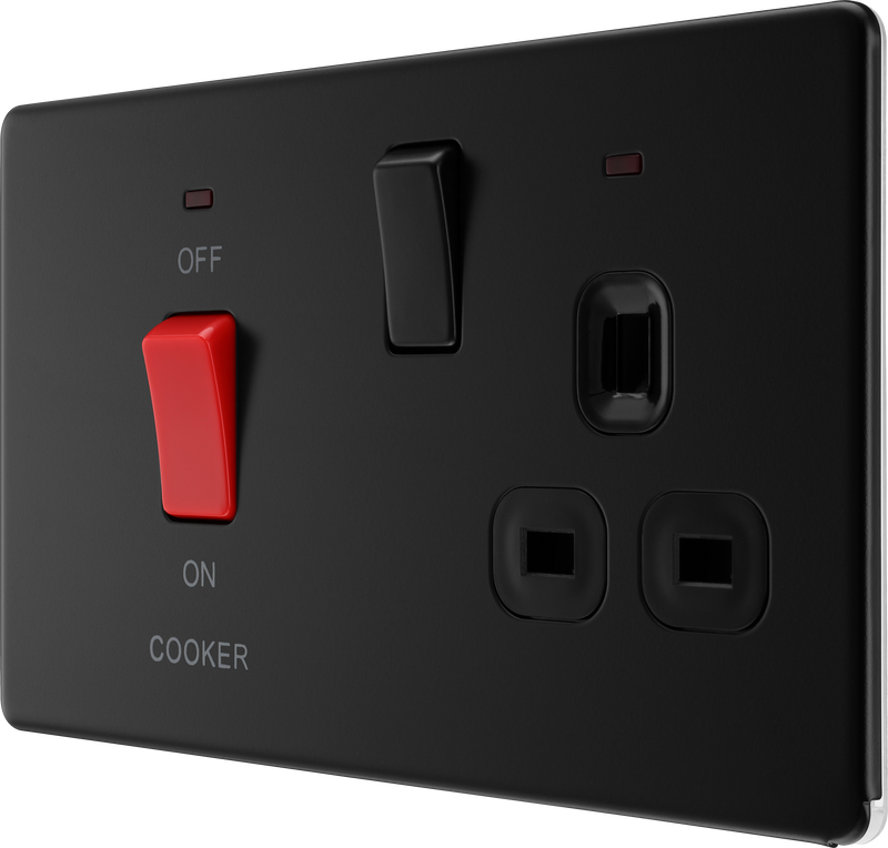 BG Electrical Flatplate Screwless Matt Black - 45A double pole, with switched socket and indicators