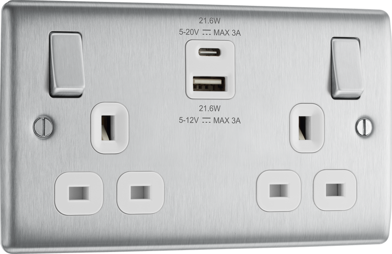 BG Electrical Nexus Metal Brushed Steel - Double switched single pole, with USB A + C (22W)