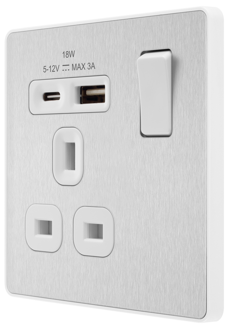 BG Electrical Evolve Brushed Steel - Single, switched, single pole, with 1 x USB A + 1 x USB C