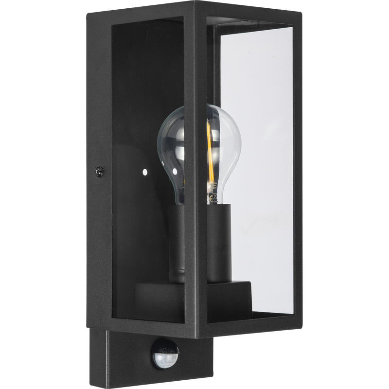 Luceco Azurar Coach Lantern - Exterior Decorative Wall Glass Lanten Single with PIR motion Sensor IP44 E27 Lamp included Black