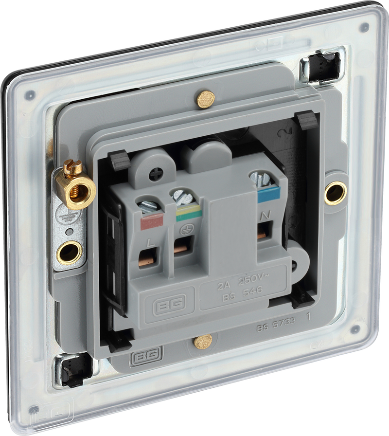 BG Electrical Flatplate Screwless Matt Black - 2A, Single, unswitched, round pin