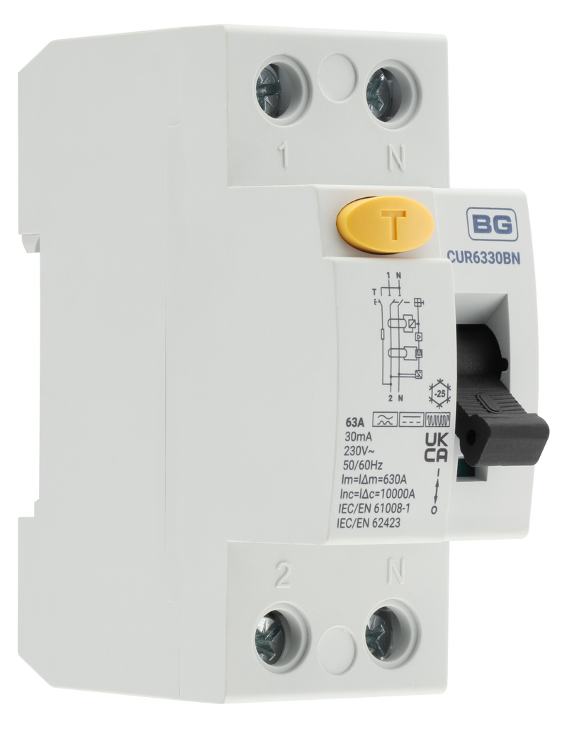 BG Circuit Protection RCD - Type B, Bidirectional RCD, Double Pole, 63A, 30mA, 2 Module