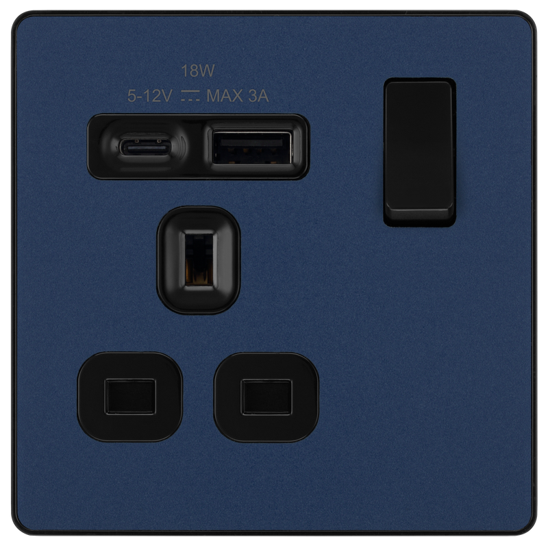 BG Electrical Evolve Matt Blue - Single, switched, single pole, with 1 x USB A + 1 x USB C
