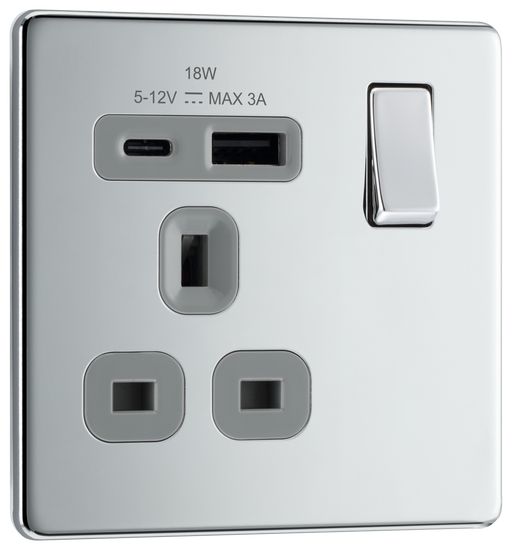 BG Electrical Flatplate Screwless Polished Chrome - Single, switched, single pole, with 1 x USB A + 1 x USB C