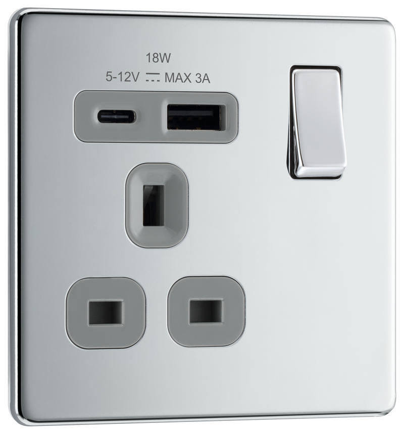BG Electrical Flatplate Screwless Polished Chrome - Single, switched, single pole, with 1 x USB A + 1 x USB C