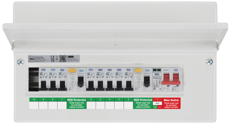 BG Circuit Protection Dual RCD SPD - 16 module, 9 way, 100A Main Switch, 2 x 100A Type A RCD, 8 MCB's, Type 2 SPD