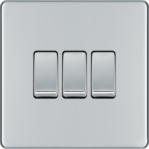 BG Electrical Flatplate Screwless Polished Chrome - Triple, 2 way switch