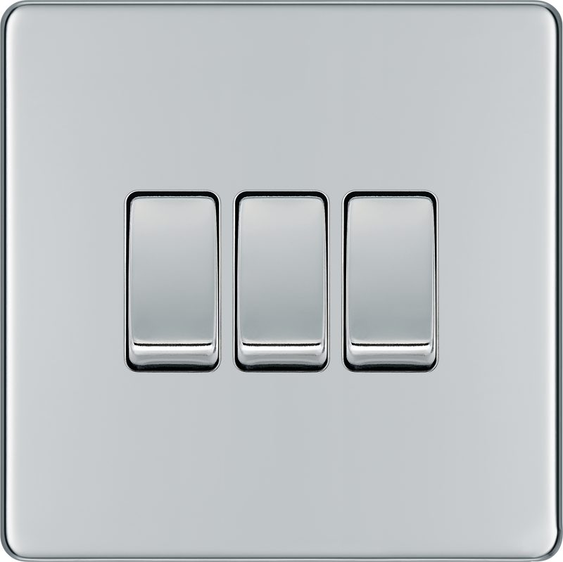 BG Electrical Flatplate Screwless Polished Chrome - Triple, 2 way switch