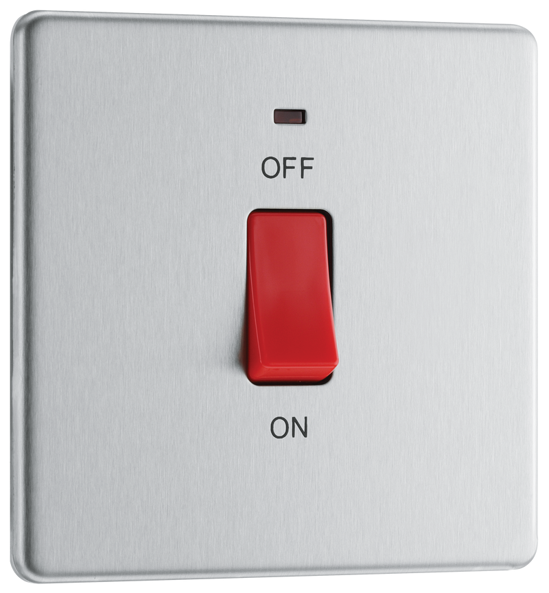 BG Electrical Flatplate Screwless Brushed Steel - 45A, double pole, single plate, with indicator
