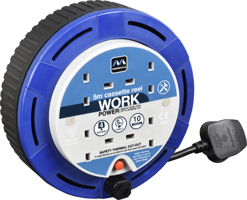 Masterplug Work - 5m, 4 Sockets, 10A, Blue