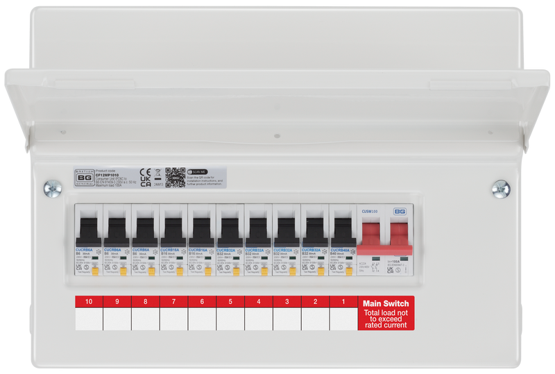 BG Circuit Protection RCBO Main Switch - 12 module, 10 way, 100A Main Switch, 10 RCBO's