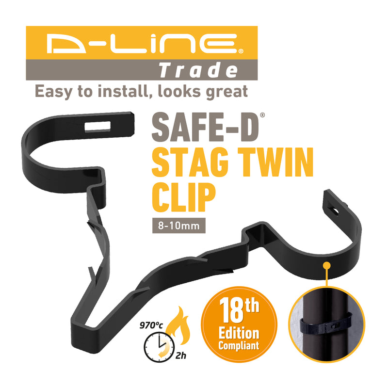 D-Line Fire Clip - Safe-D Stag-Clip for 2x 8-10mm φ cables. Twin, Black - Pack of 50