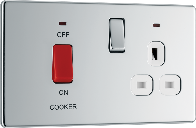 BG Electrical Flatplate Screwless Polished Chrome - 45A double pole, with switched socket and indicators