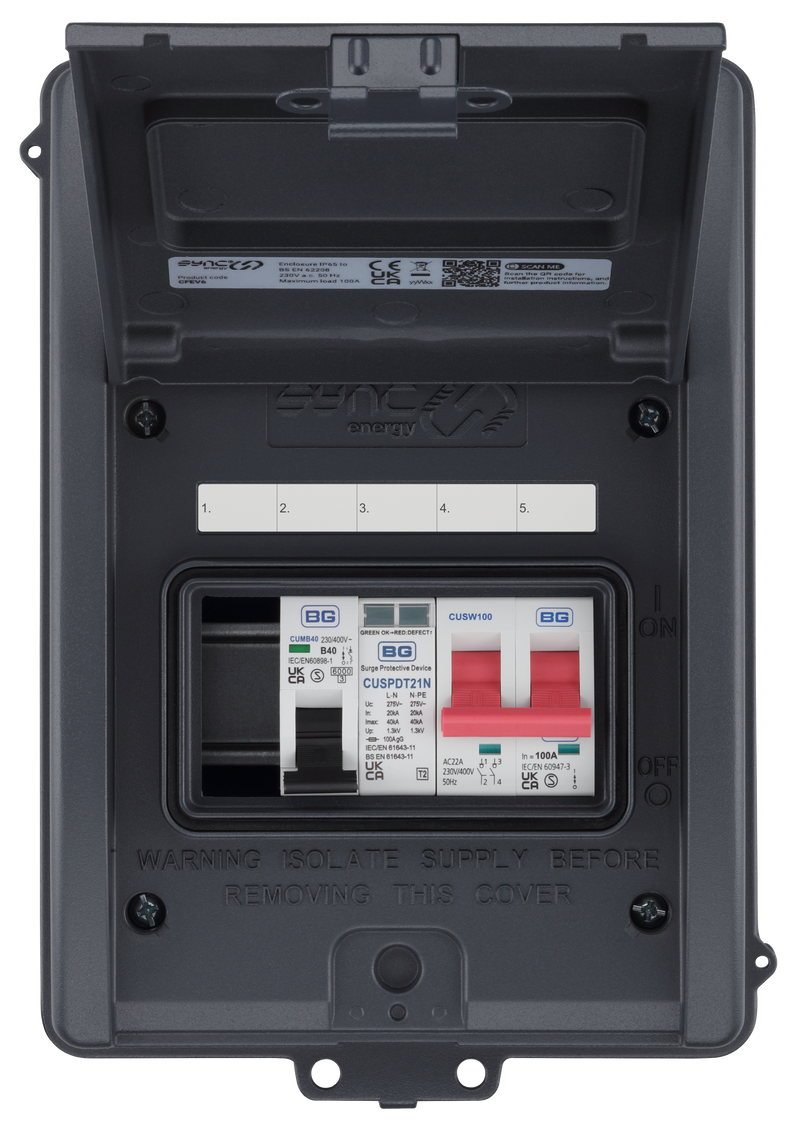 Sync Energy EV Circuit Protection - 5 Module EV Consumer Unit with 100A Main Switch, SPD, MCB, IP65 - Grey