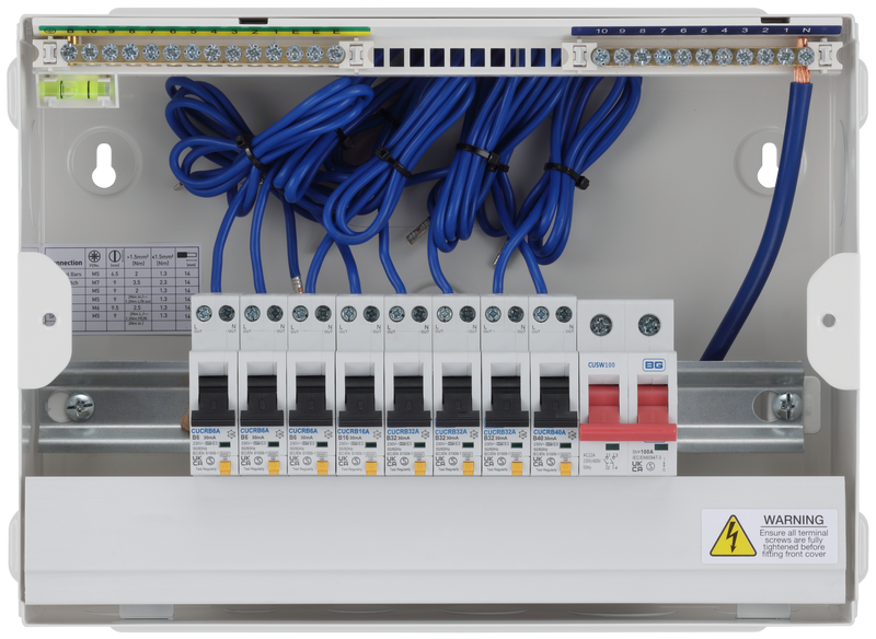 BG Circuit Protection RCBO Main Switch - 12 module, 10 way, 100A Main Switch, 8 RCBO's