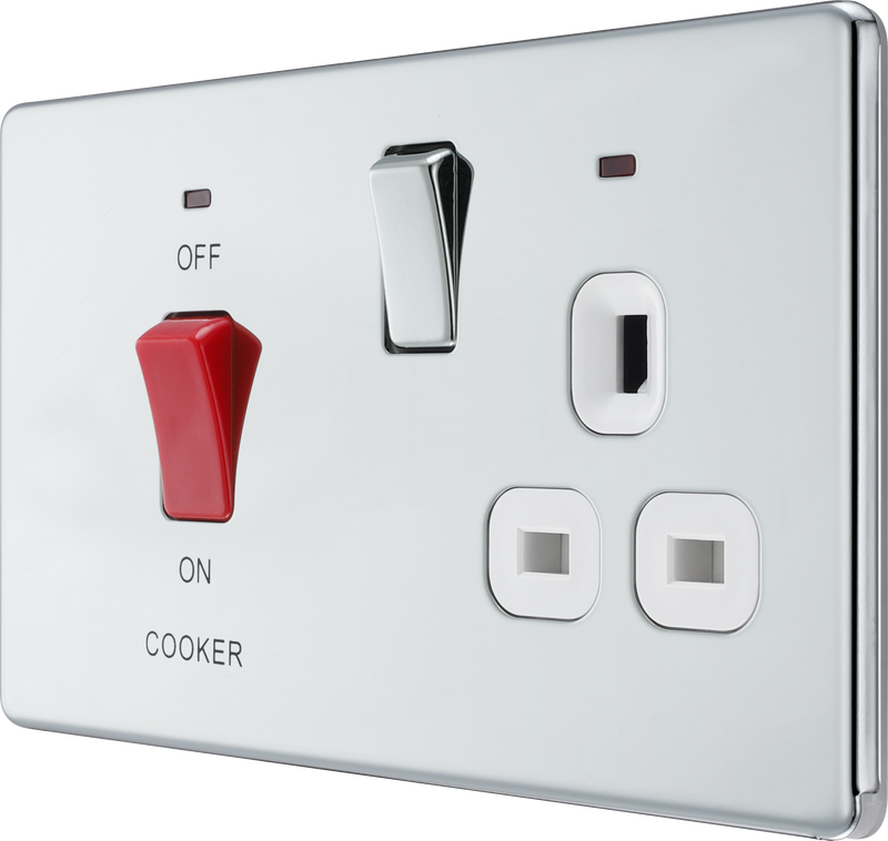 BG Electrical Flatplate Screwless Polished Chrome - 45A double pole, with switched socket and indicators