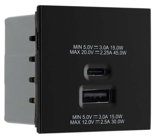 BG Electrical Euro Module - 45W USB A+C Euro Module - Black