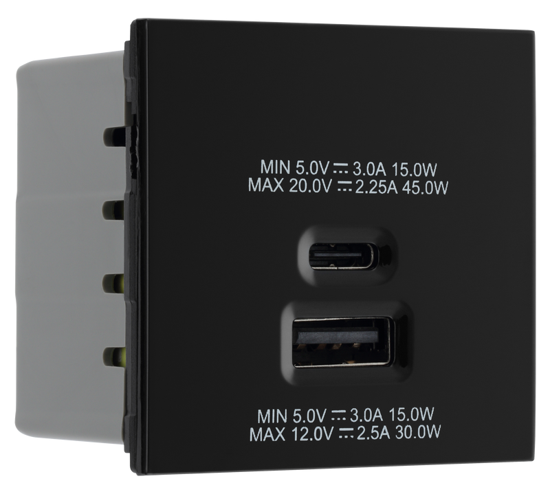 BG Electrical Euro Module - 45W USB A+C Euro Module - Black