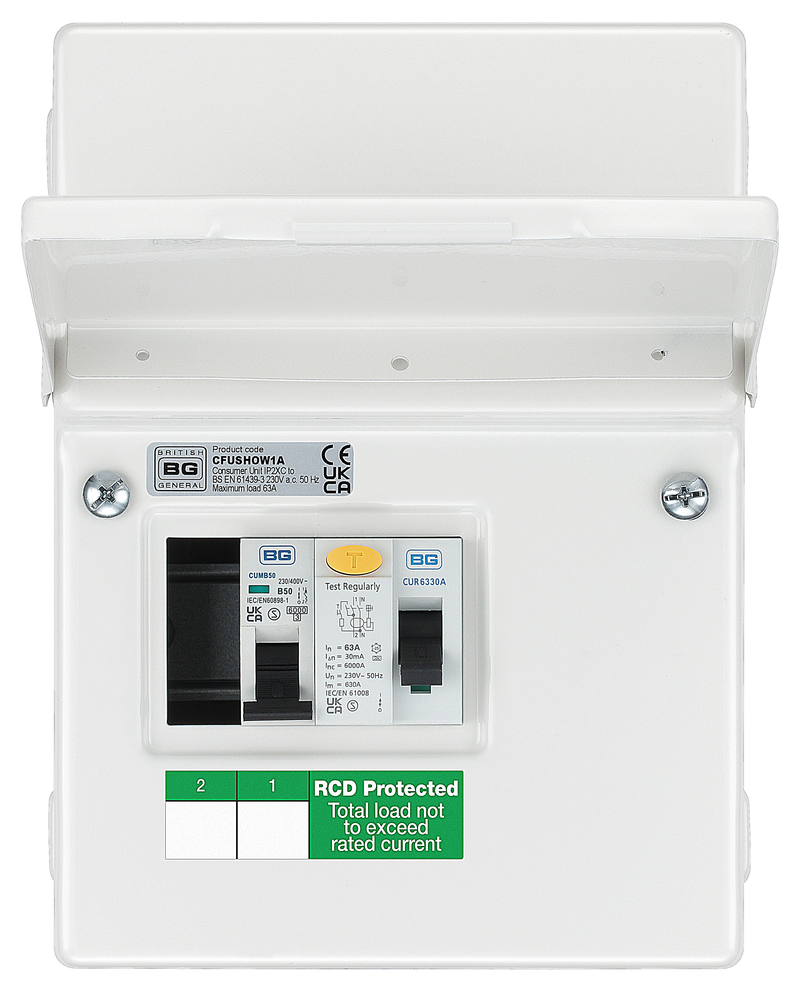 BG Circuit Protection IP20 Non Weatherproof - 4 module, 2 way, 63A Type A RCD, 2 MCB's