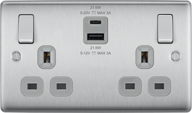BG Electrical Nexus Metal Brushed Steel - Double switched single pole, with USB A + C (22W)
