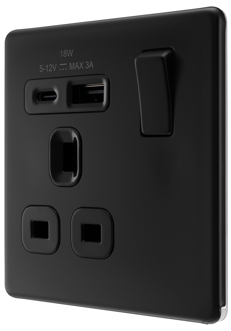 BG Electrical Flatplate Screwless Matt Black - Single, switched, single pole, with 1 x USB A + 1 x USB C