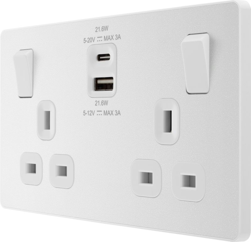 BG Electrical Evolve Pearlescent White - Double switched single pole, with USB A + C (22W)