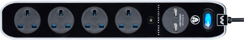 Masterplug High Gloss USB - 2 x USB A, 4 Sockets, 2m, 13A, Gloss Black
