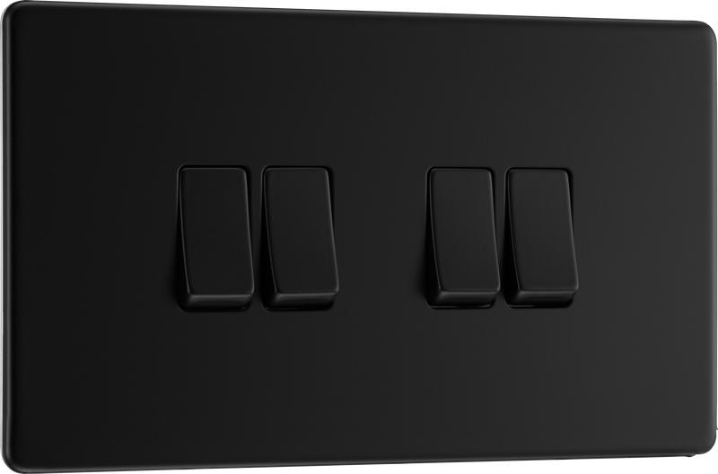 BG Electrical Flatplate Screwless Matt Black - Quadruple, 2 way switch