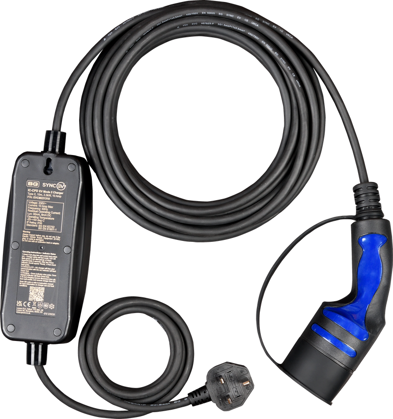 Sync Energy EV Cables - EV Charging Cable, Mode 2, 3 Pin UK Plug to EV Type 2 - 10 Metres