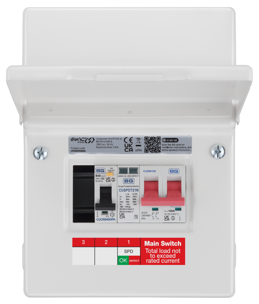 Sync Energy EV Circuit Protection - 5 module, White, 100A Main Switch, 40A 30mA Double Pole RCBO, Type 2 SPD + 1 spare way