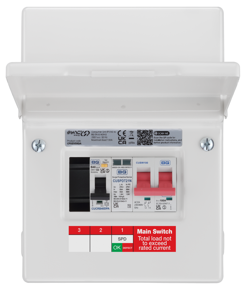 Sync Energy EV Circuit Protection - 5 module, White, 100A Main Switch, 40A 30mA Double Pole RCBO, Type 2 SPD + 1 spare way