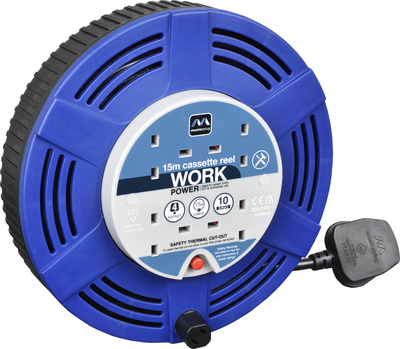 Masterplug Work - 15m, 4 Sockets, 10A, Blue