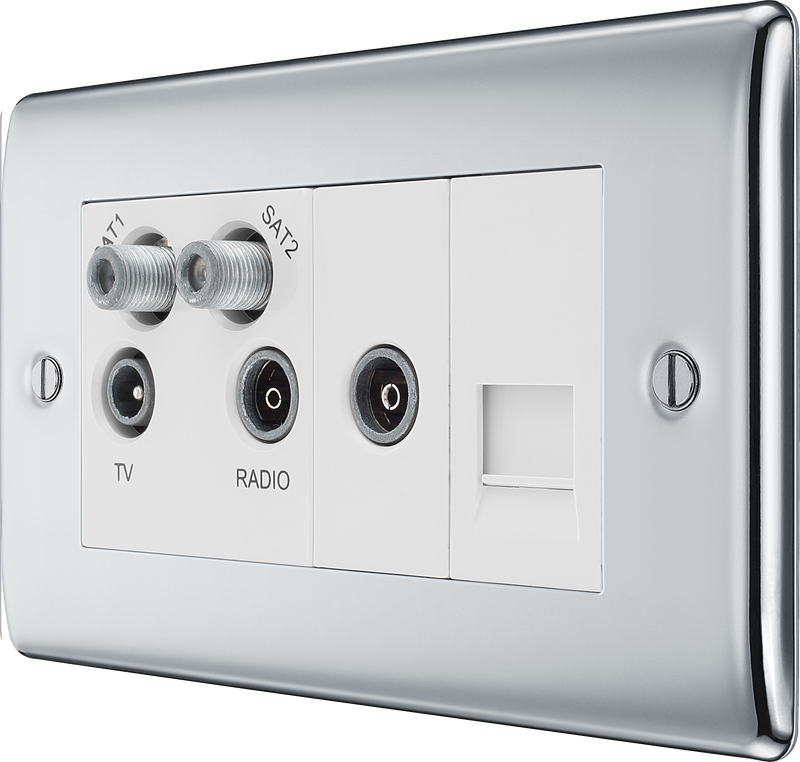BG Electrical Nexus Metal Polished Chrome - Quadplex, 2 x sat, BT outlet and co-ax returned - screened
