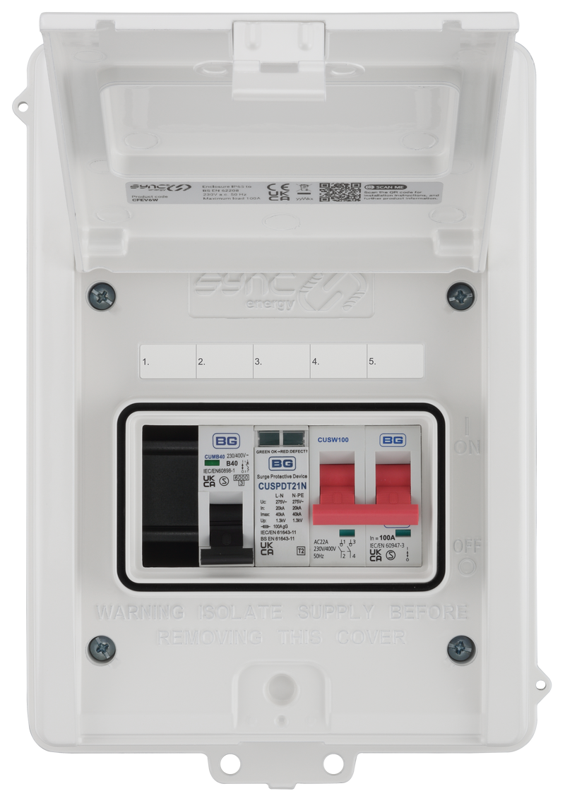 Sync Energy EV Circuit Protection - 5 Module EV Consumer Unit with 100A Main Switch, SPD, MCB, IP65 - White