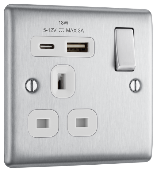 BG Electrical Nexus Metal Brushed Steel - Single, switched, single pole, with 1 x USB A + 1 x USB C