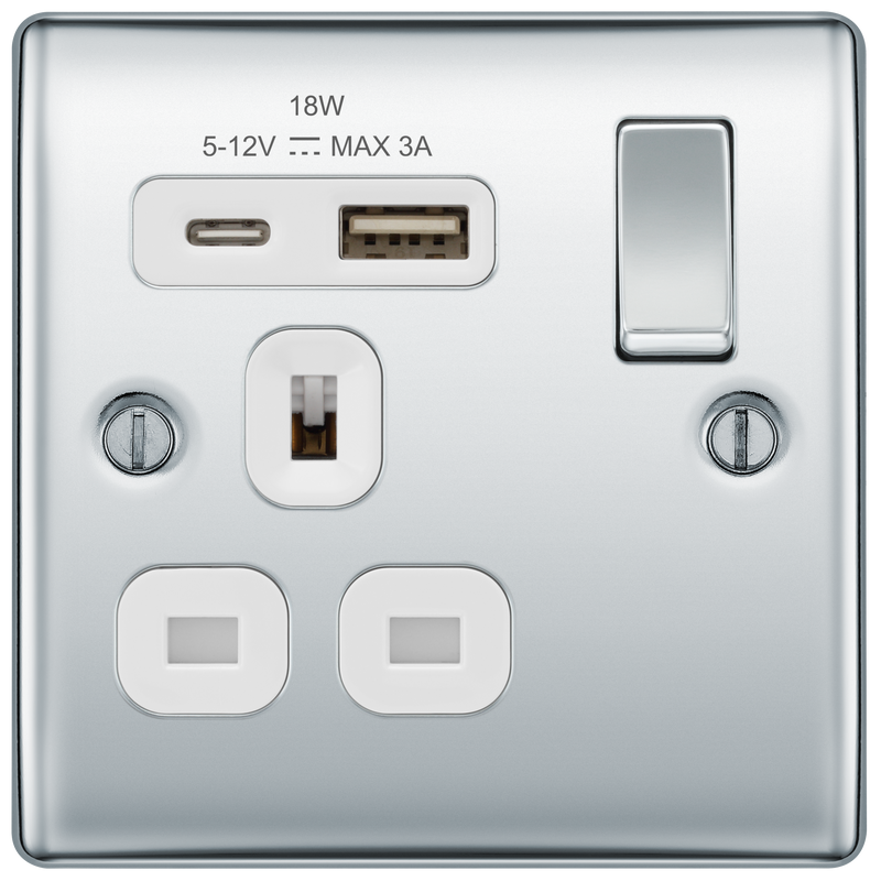 BG Electrical Nexus Metal Polished Chrome - Single, switched, single pole, with 1 x USB A + 1 x USB C
