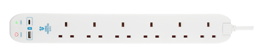 Masterplug USB - USB A + C 10.5W, 6 Sockets, 2m, 13A, White