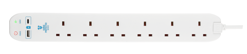 Masterplug USB - USB A + C 10.5W, 6 Sockets, 2m, 13A, White
